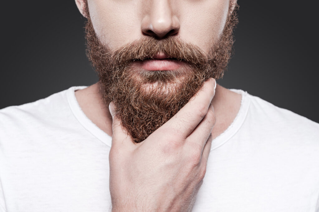 Close-up of young bearded man touching his beard while standing against grey background